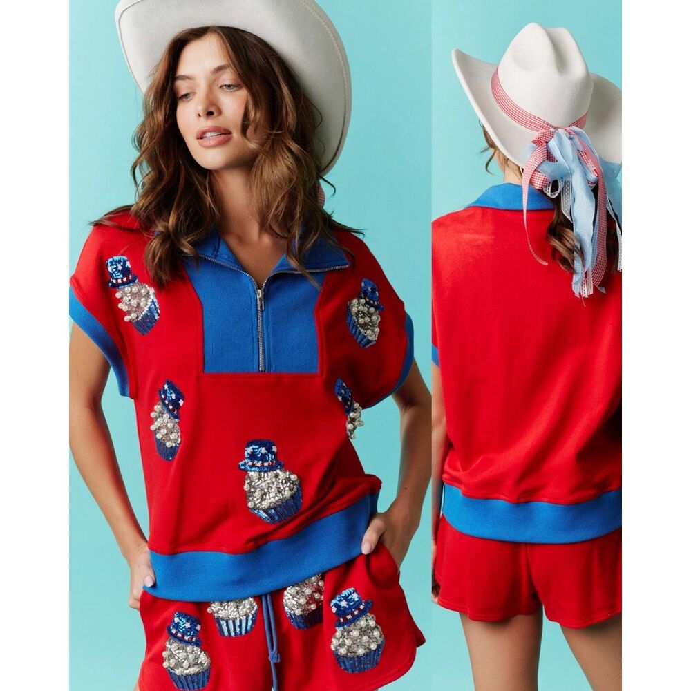 Fantastic Fawn Red and Blue Short Sleeve Zip Polo Top